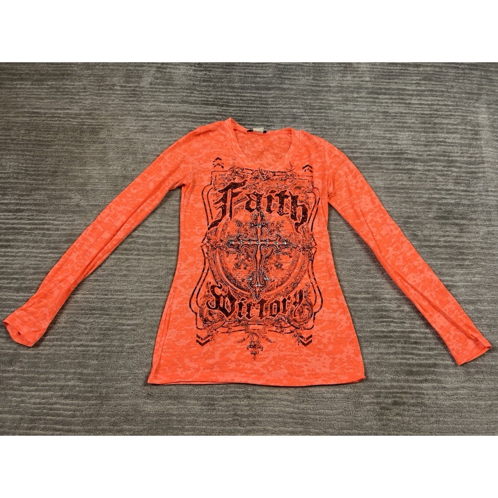 Cotty On Top Womens Small‎ Orange L/S Semi Sheer Embellished Christian Y2K USA